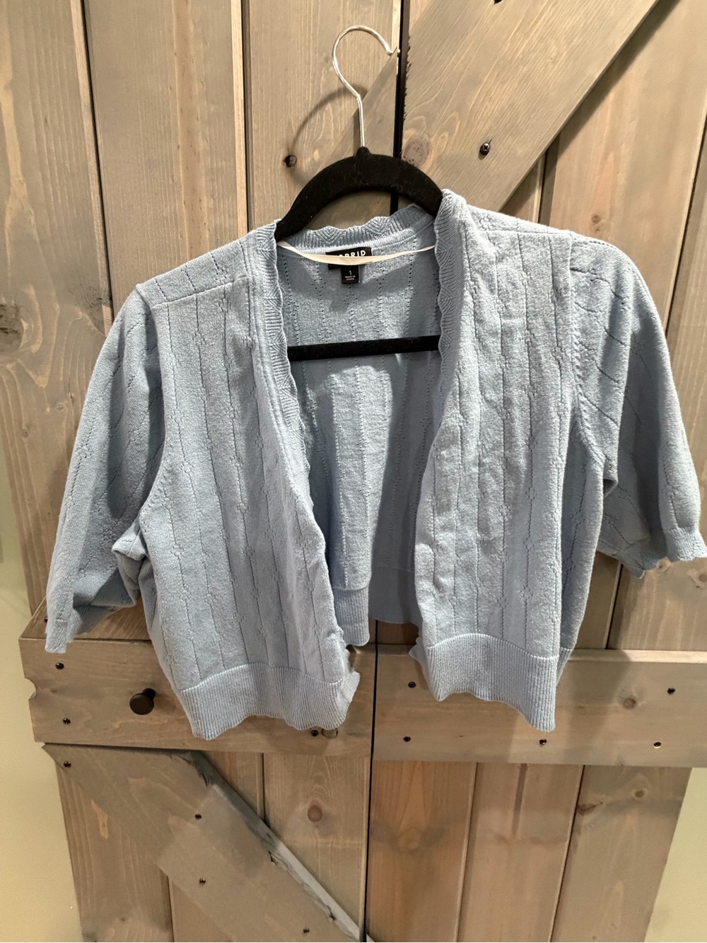 Torrid Size 1 Light Blue Pointelle Knit Open Front Cropped Shrug Cardigan